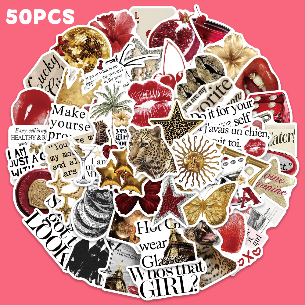 Vintage Fashion Magazines - 50pcs Gold&Red Retro Leopard Print Sticker