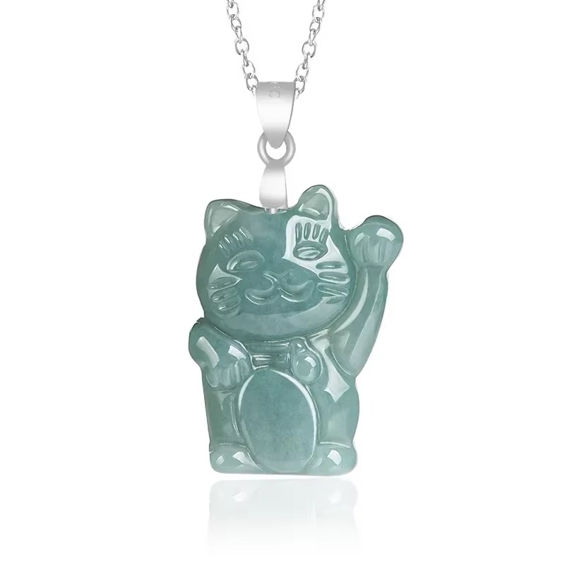 Vintage Fashion Jewelry Necklaces - Burmese Blue Jade Fortune Cat Pendant